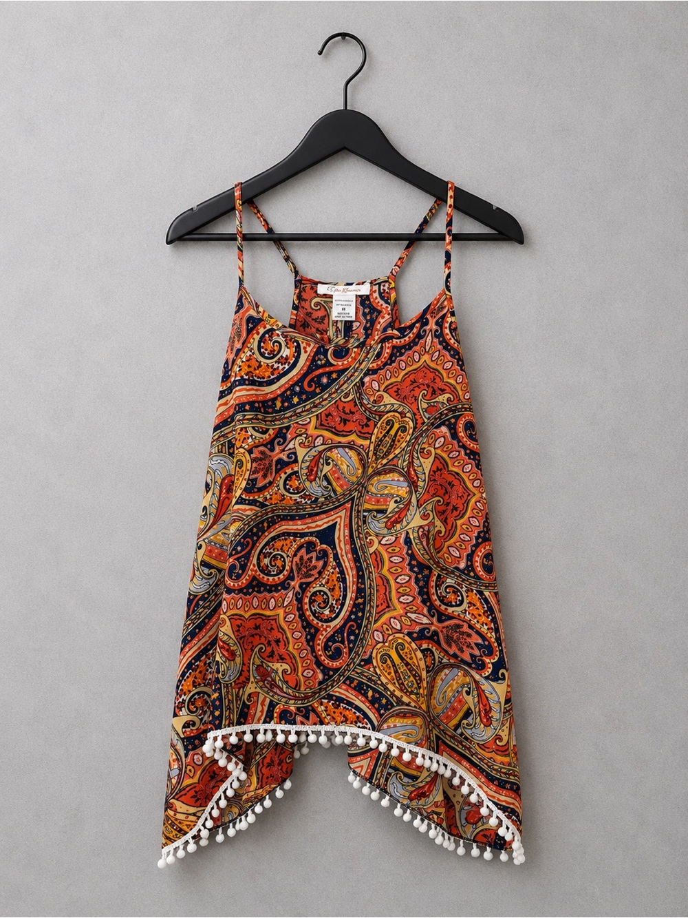 Boho Paisley Pom Pom Tank Top Women’s Medium Festival Beach Boutique Blouse